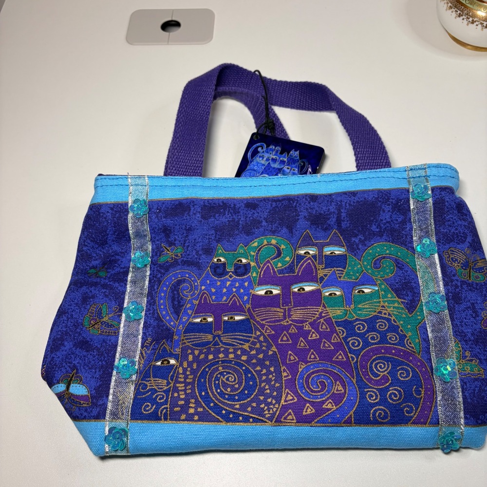 Laurel Burch Canvas Tote Bag Blue Purple Abstract Cat Butterfly Sequin Handbag